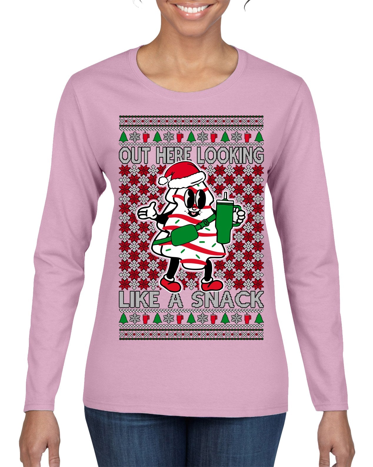 Out Here Looking Like a Snack Funny Cute Christmas Cookie Ugly Christmas Sweater Womens Graphic Long Sleeve T-Shirt