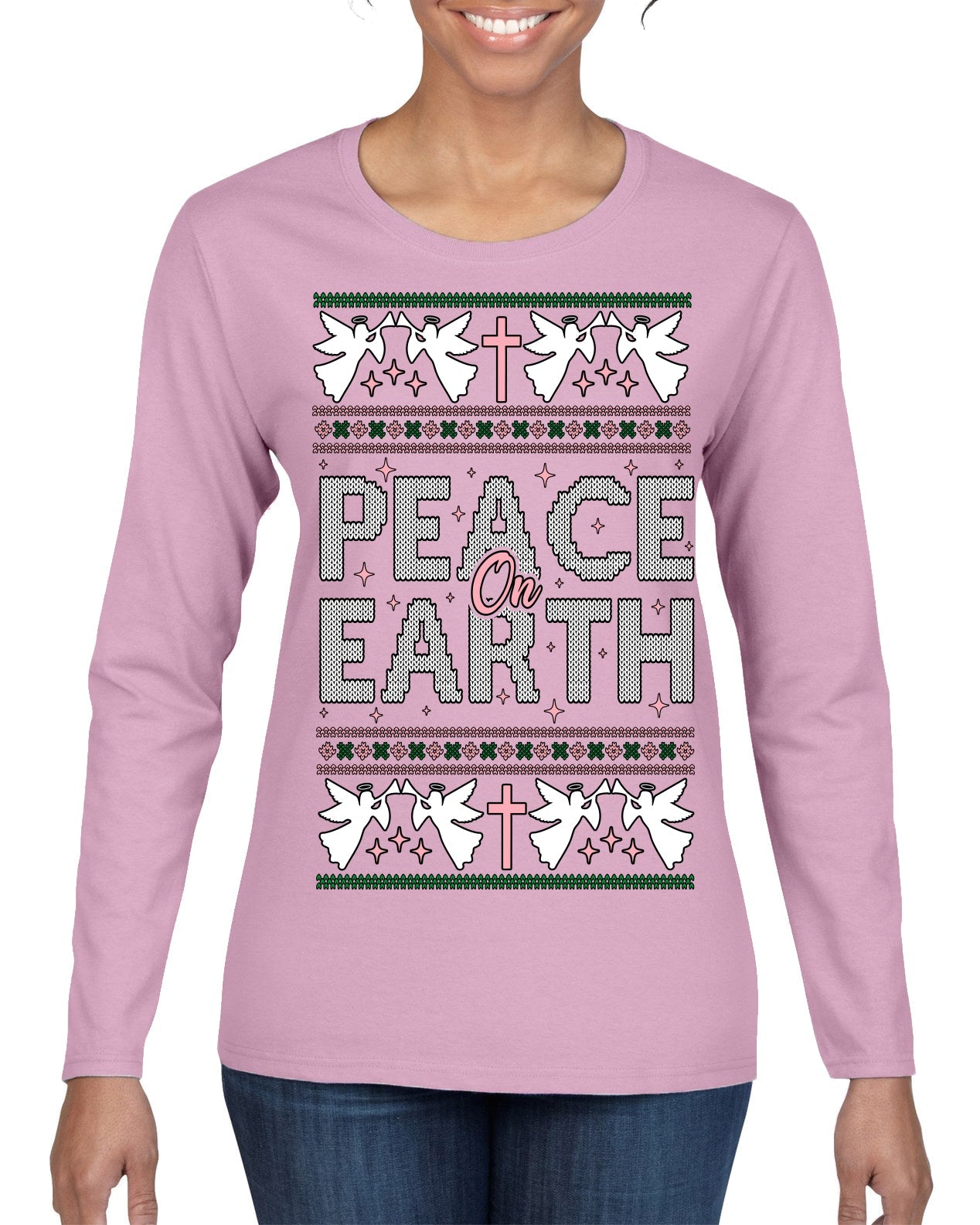 Peace On Earth Funny Xmas Cute Pink Angel Cross Ugly Christmas Sweater Womens Graphic Long Sleeve T-Shirt