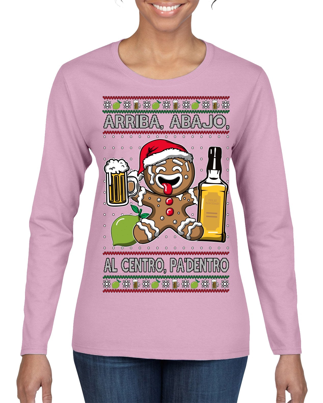 Arriba Abajo Al Centro Pa'Dentro Cheers to Health Salud Ugly Christmas Sweater Womens Graphic Long Sleeve T-Shirt
