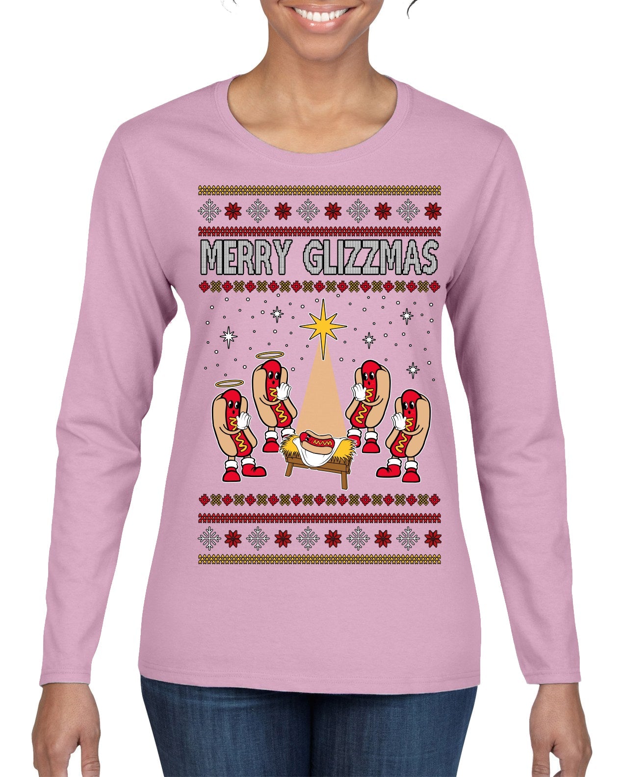 Merry Glizzmas, Funny Glizzy Hot Dog Baby Jesus Catholic Nativity, Fast Food Mustard Condiment Glizzys Humor Ugly Christmas Sweater Womens Graphic Long Sleeve T-Shirt