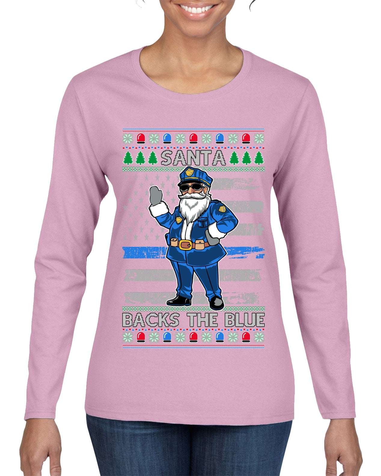 Santa Backs The Blue Pro Police Santa Claus Ugly Christmas Sweater Womens Graphic Long Sleeve T-Shirt