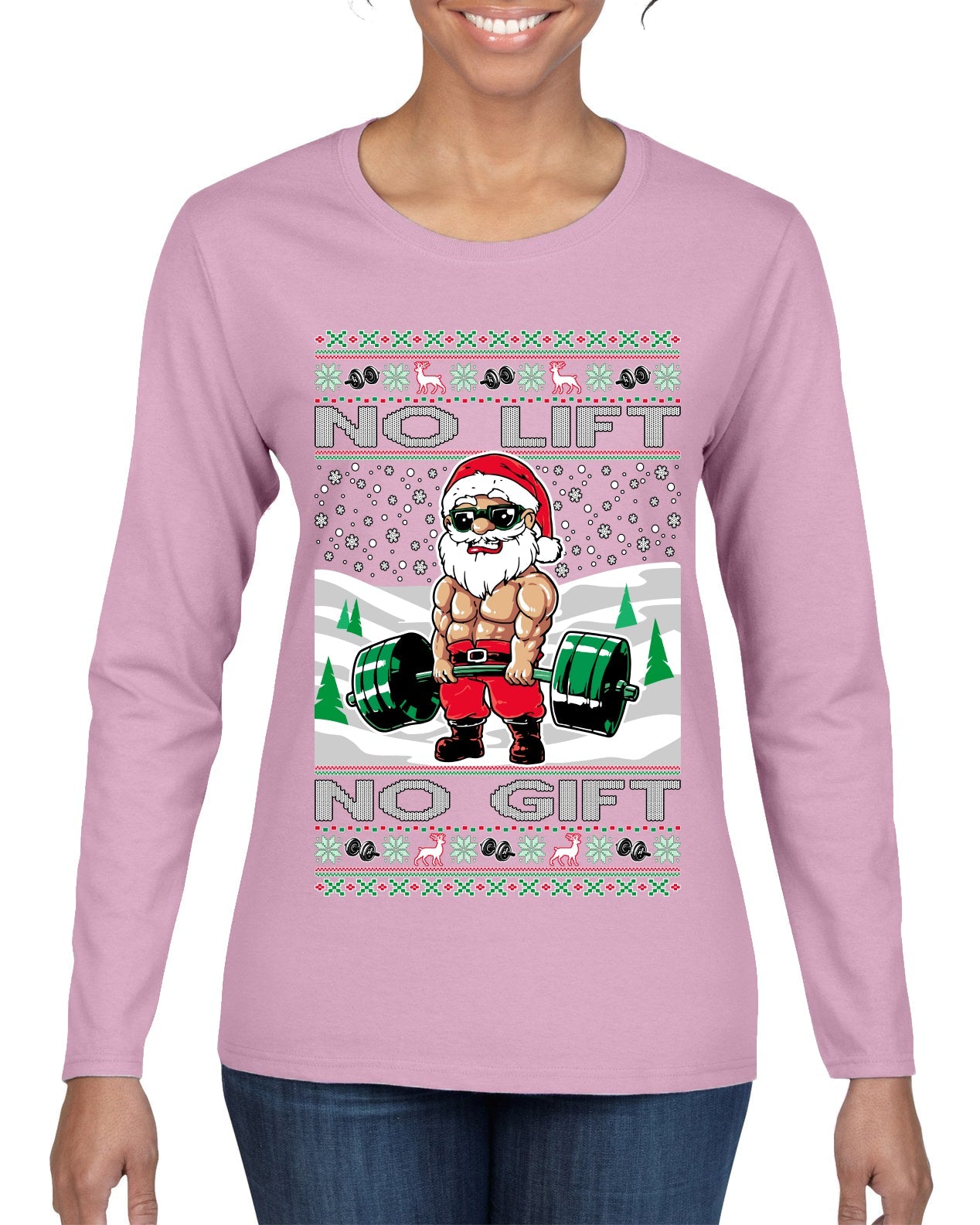 No Lift No Gift Fitness Workout Santa Ugly Christmas Sweater Womens Graphic Long Sleeve T-Shirt