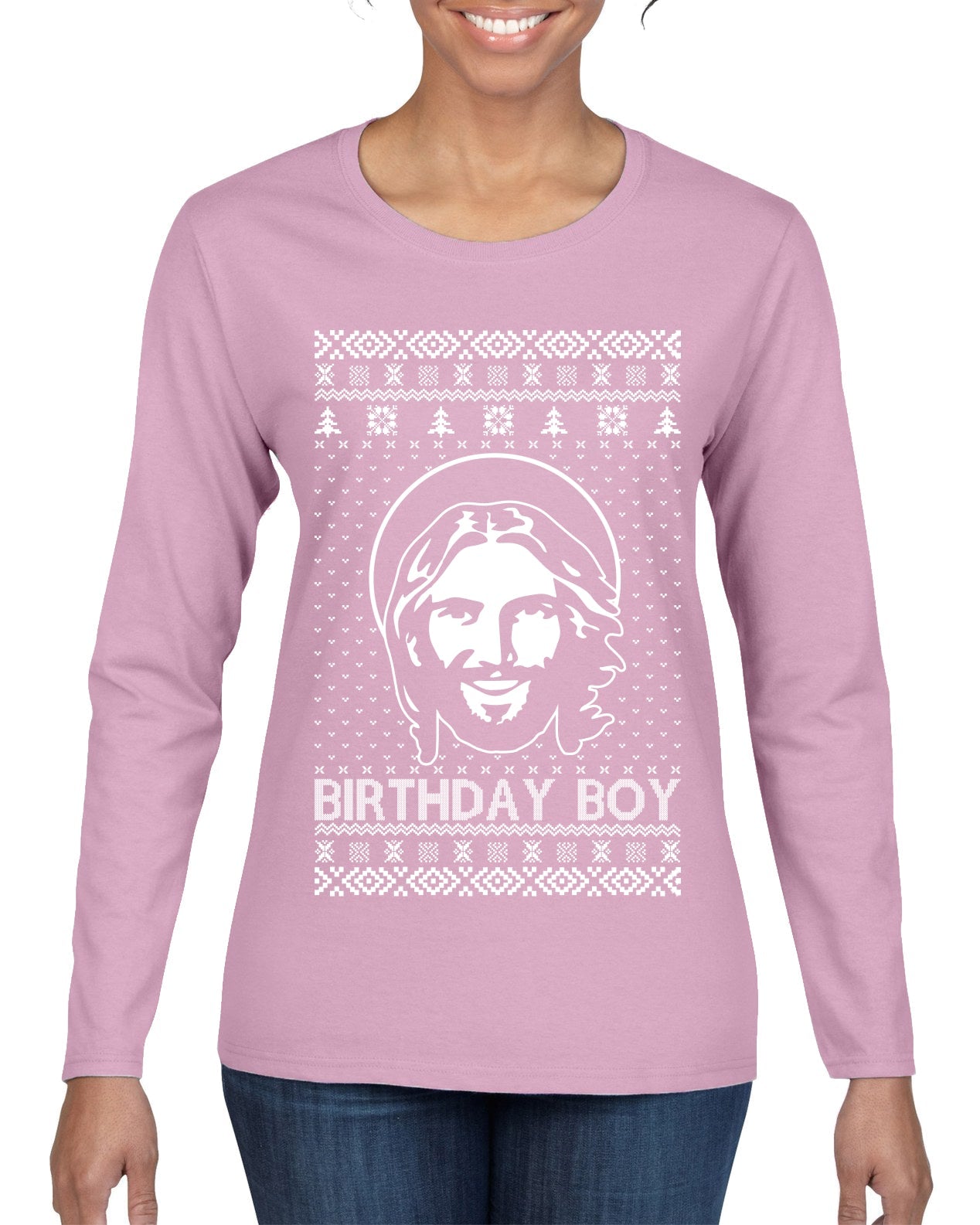 Birthday Boy Jesus Christ Ugly Christmas Sweater Womens Graphic Long Sleeve T-Shirt