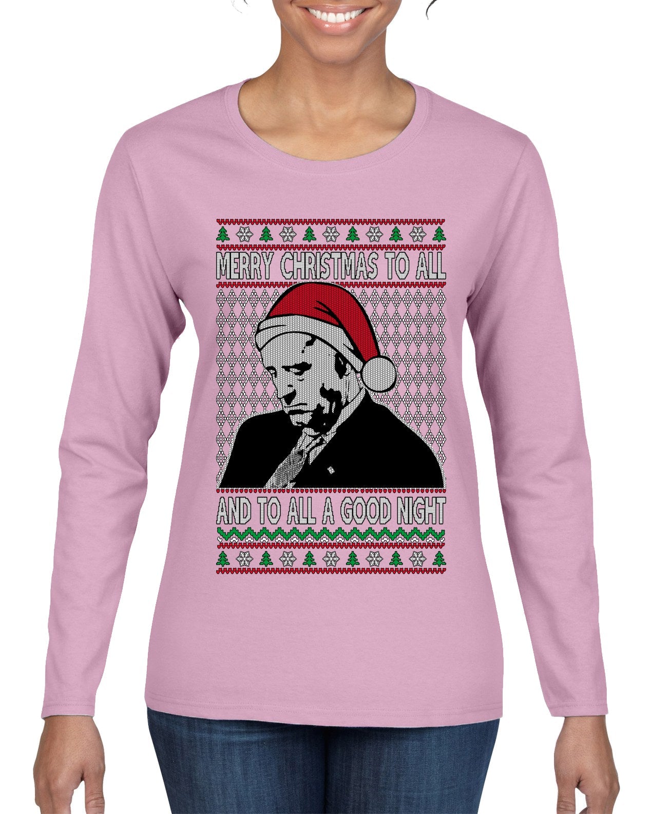 Sleepy Joe Merry Xmas To All And All A Good Night Ugly Christmas Sweater Womens Graphic Long Sleeve T-Shirt