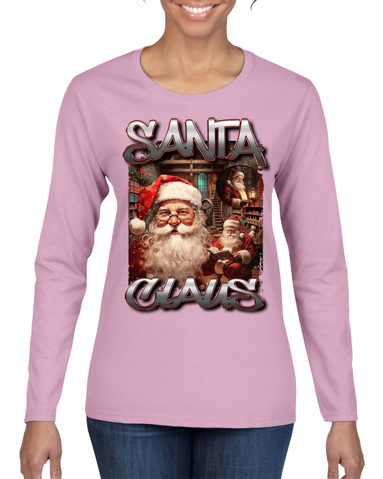 Santa Claus Bootleg Rap Music Style Ugly Christmas Sweater Womens Graphic Long Sleeve T-Shirt