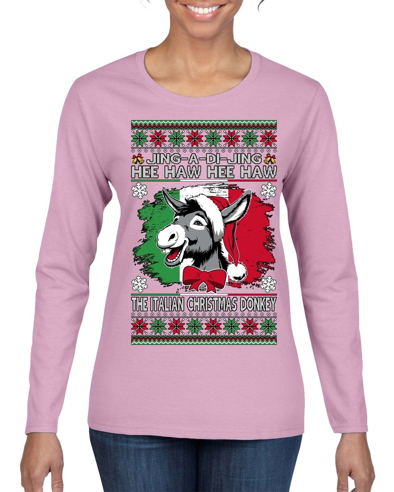Jing a Di Jing Dominick the Italian Christmas Donkey Ugly Christmas Sweater Womens Graphic Long Sleeve T-Shirt