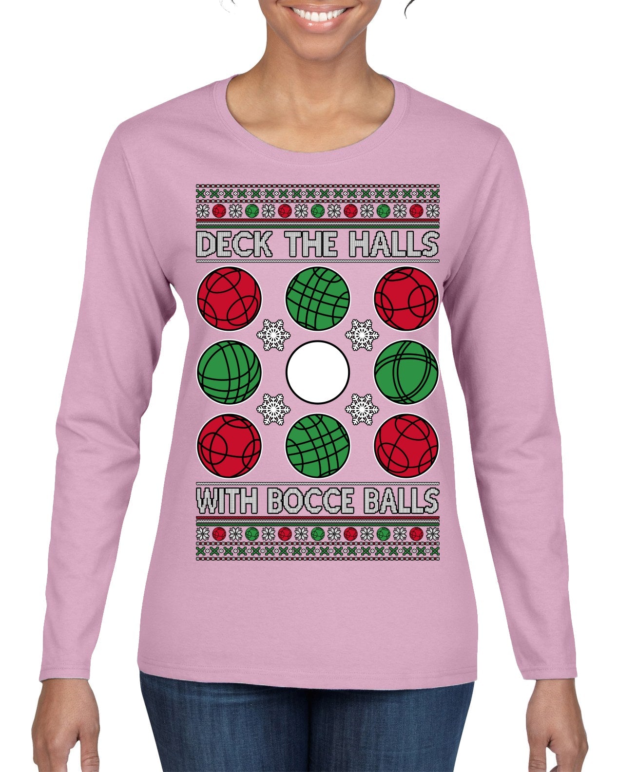 Deck the Halls with Bocce Balls, Funny Classic Italy Italian Sports Ugly Christmas Sweater Womens Graphic Long Sleeve T-Shirt