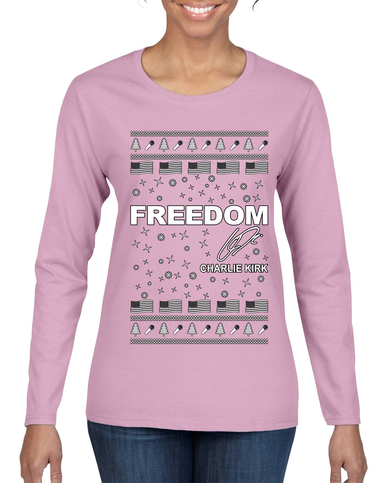 Freedom, Charlie Kirk Political Activist, Right Wing, Ugly Christmas Sweater Womens Graphic Long Sleeve T-Shirt
