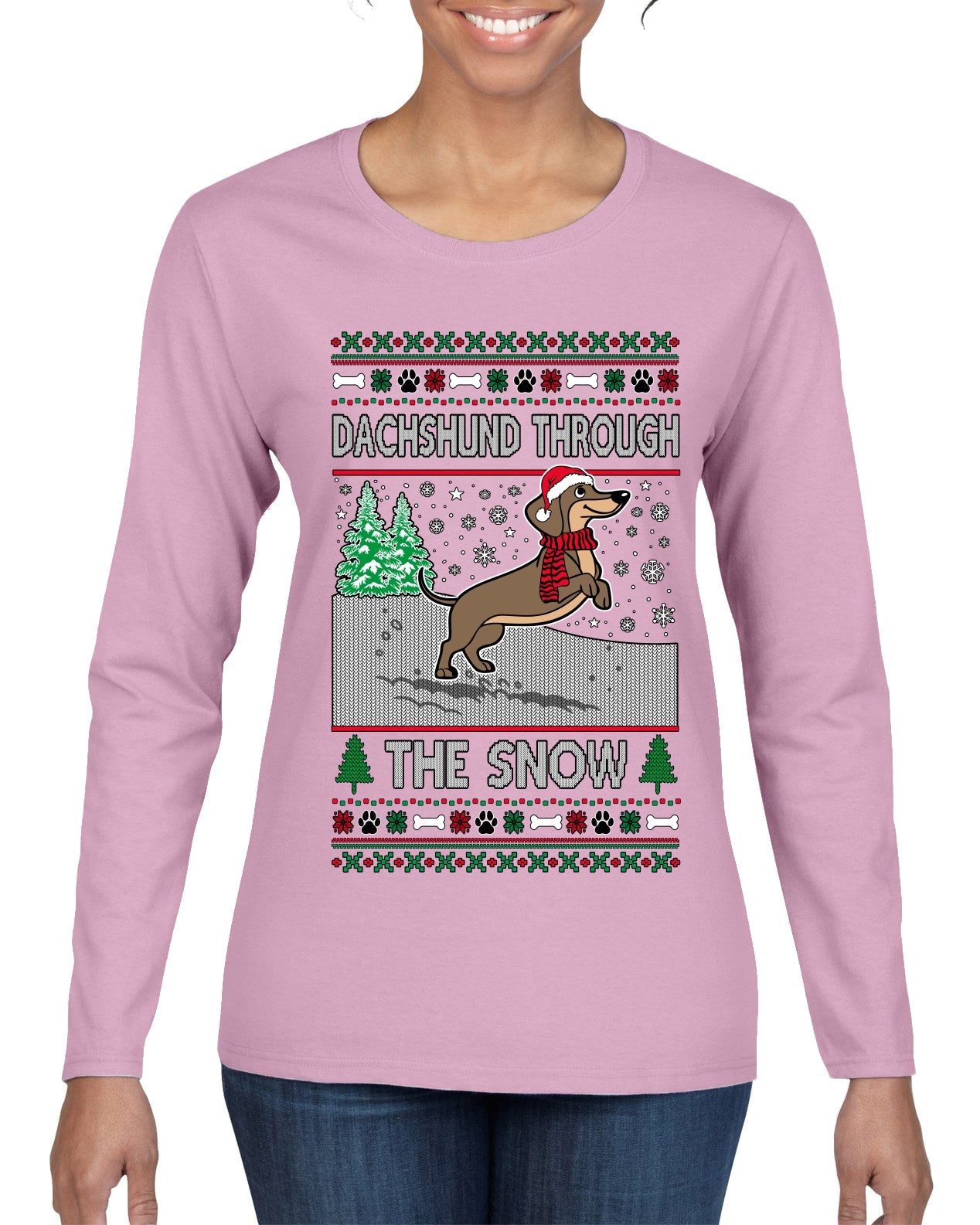 Dachshund Through The Snow, Cute Dog Christmas Sweater, Ugly Christmas Sweater Womens Graphic Long Sleeve T-Shirt
