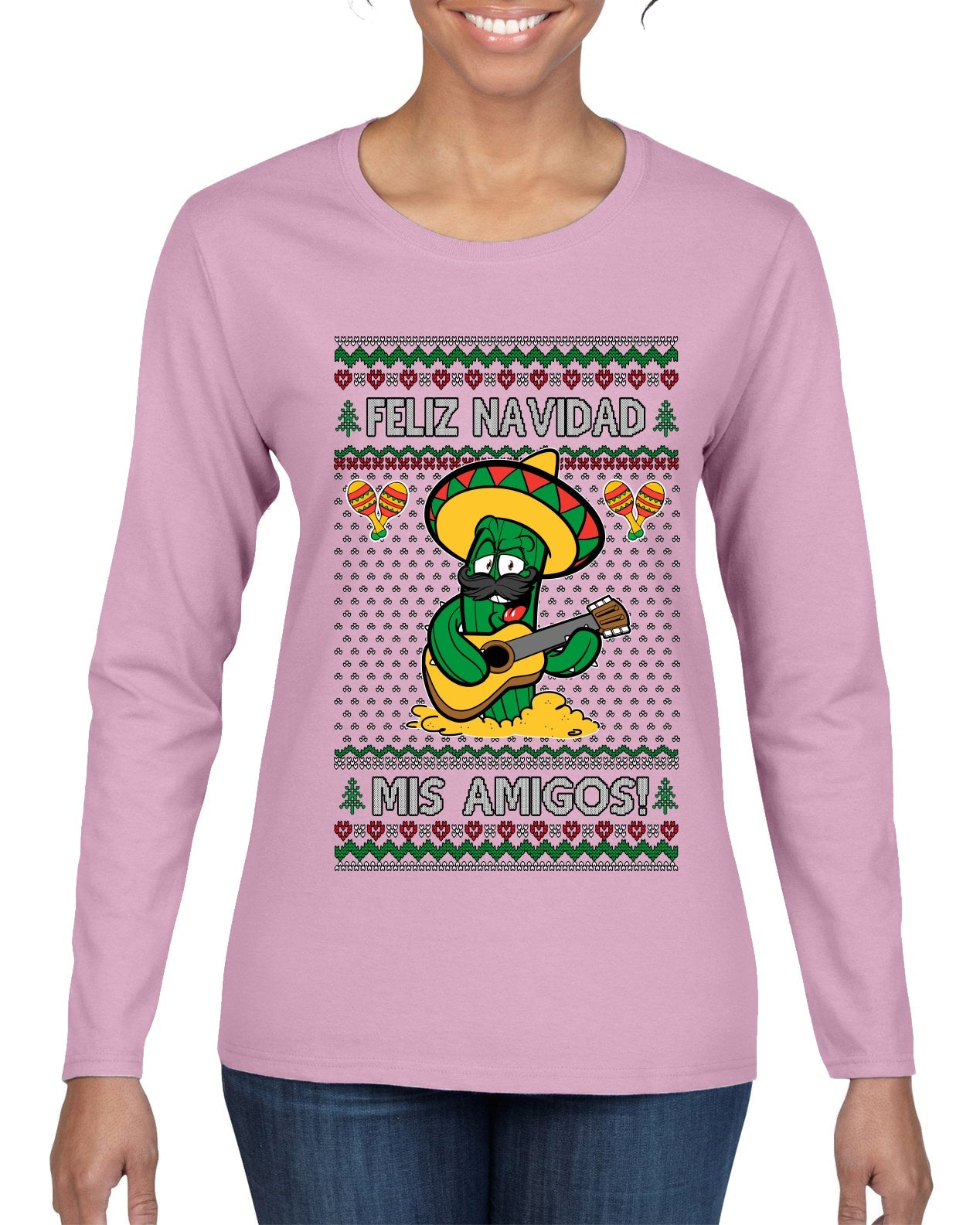 Feliz Navidad Mis Amigos!, Ugly Christmas Sweater Womens Graphic Long Sleeve T-Shirt