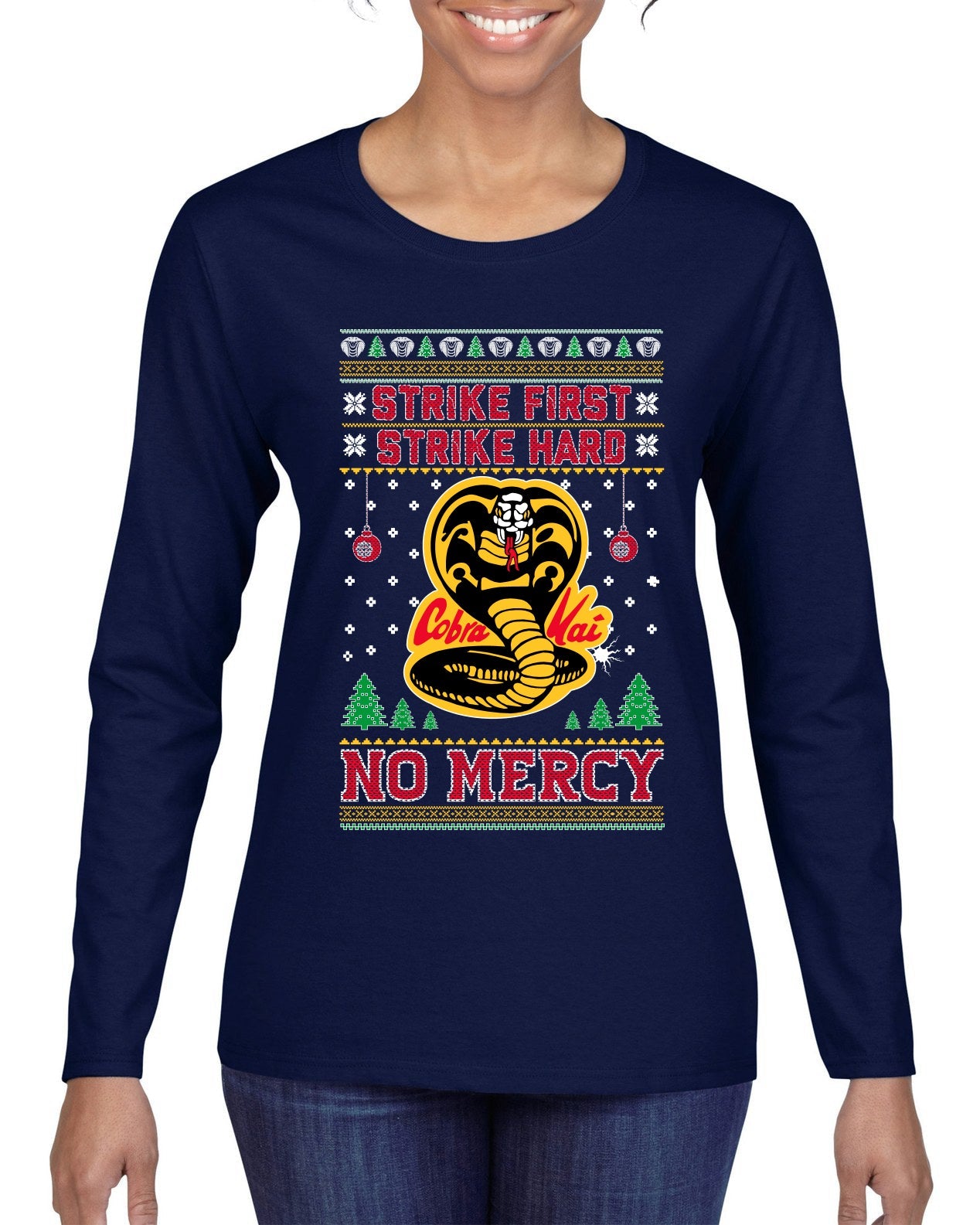 Strike First Strike Hard No Mercy Xmas Ugly Christmas Sweater Womens Graphic Long Sleeve T-Shirt