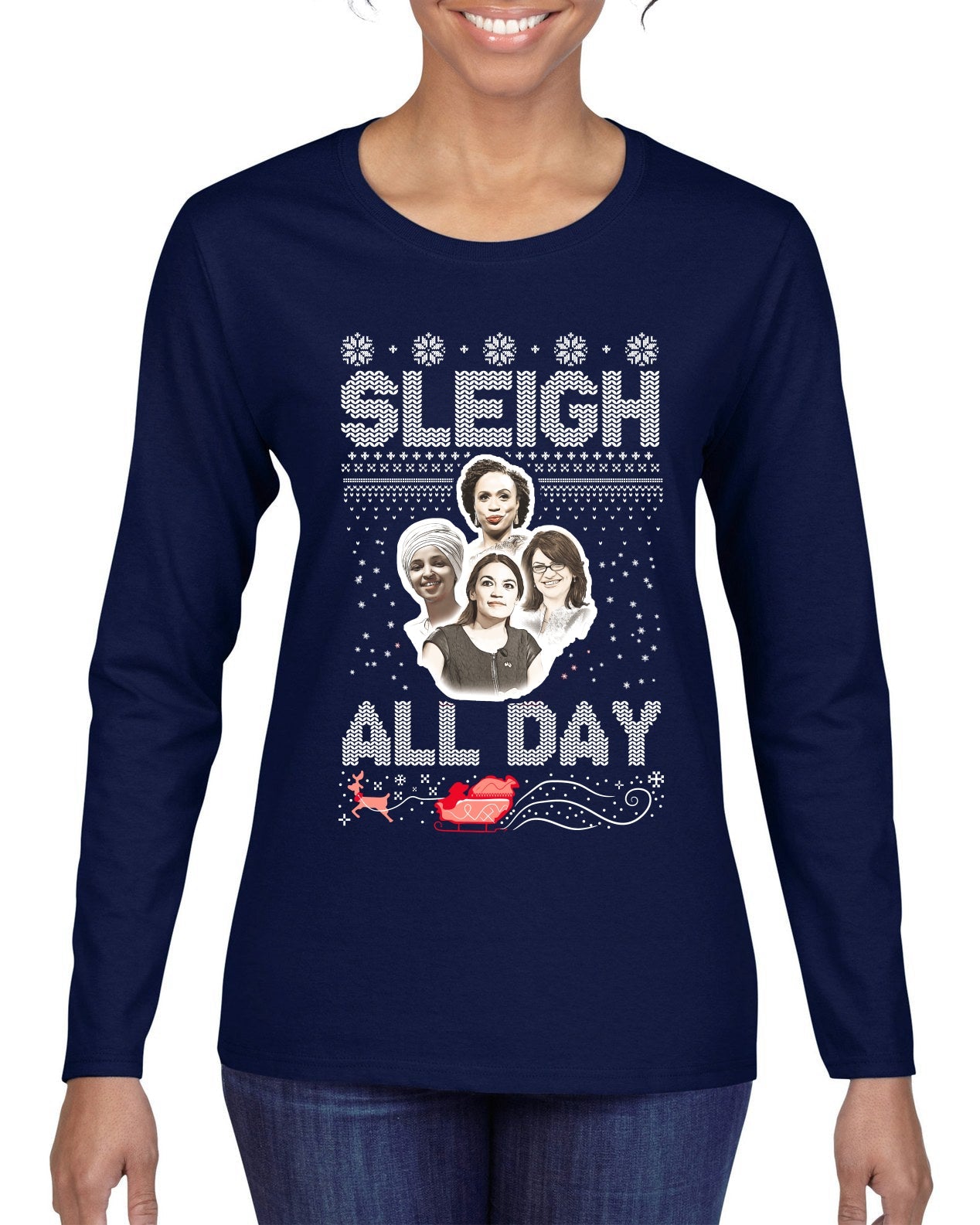 AOC The Squad Congresswomen Sleigh All Day Xmas Ugly Christmas Sweater Womens Graphic Long Sleeve T-Shirt