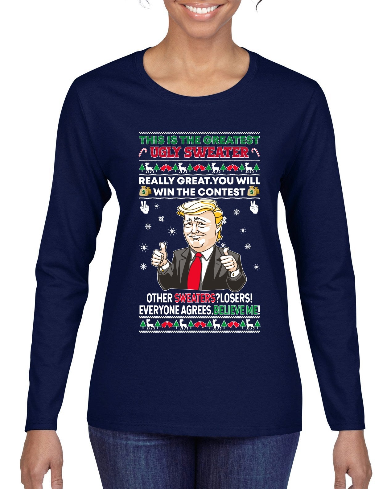 Trump This is the Greatest Ugly Christmas Sweater Womens Graphic Long Sleeve T-Shirt