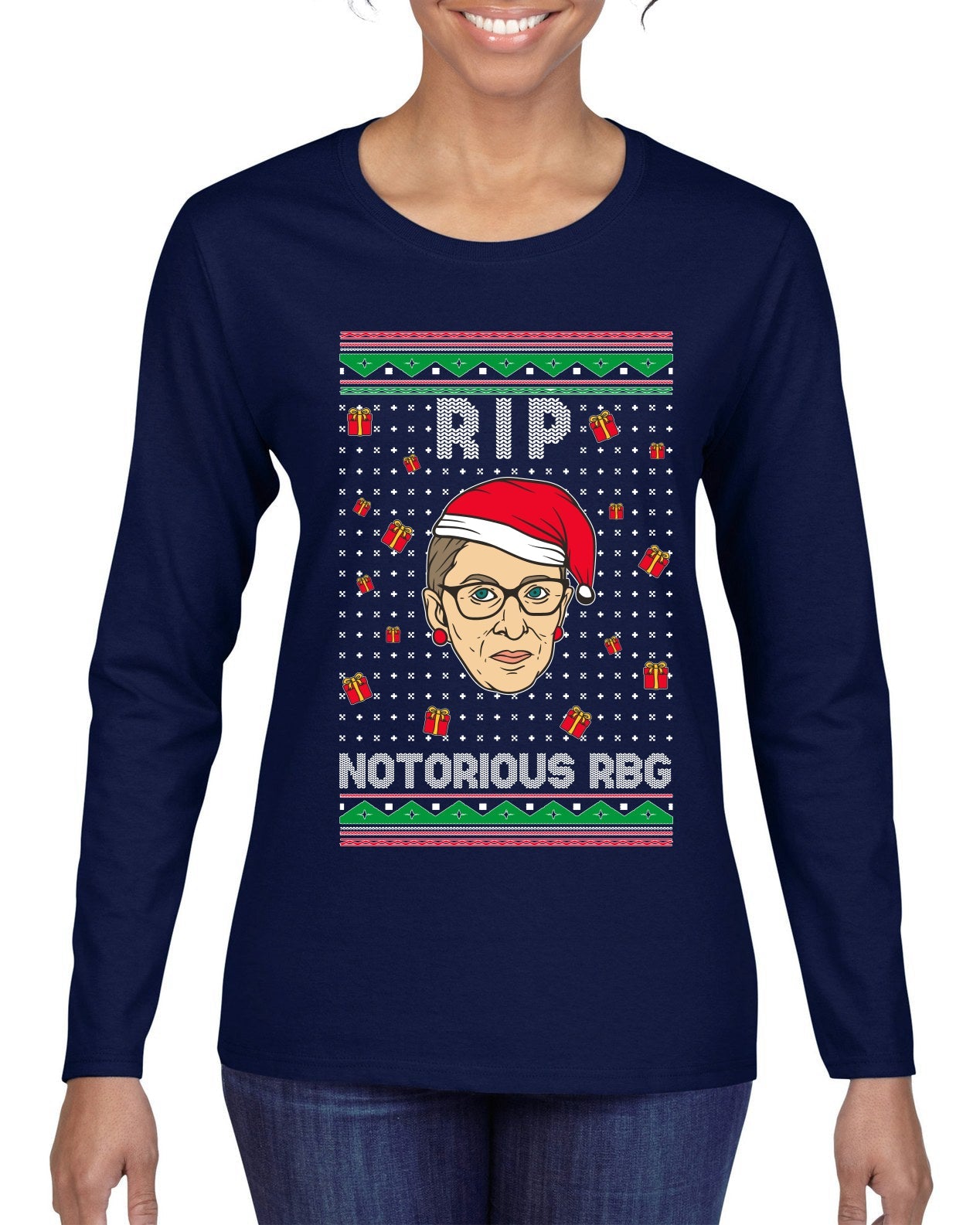 RIP Notorious RBG Ruth Bader Ginsburg Ugly Christmas Sweater Womens Graphic Long Sleeve T-Shirt