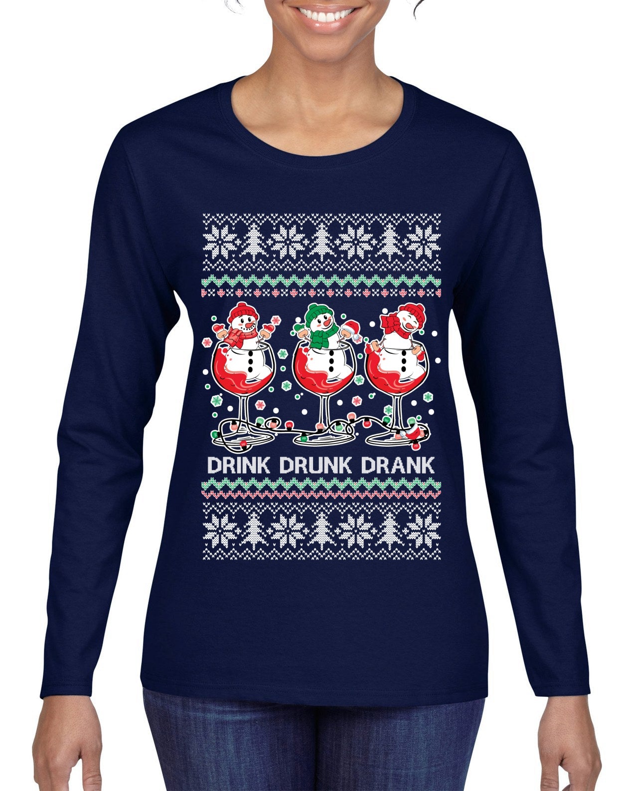 Holiday Spirits Drink Drank Drunk Snowmen Ugly Christmas Sweater Womens Graphic Long Sleeve T-Shirt