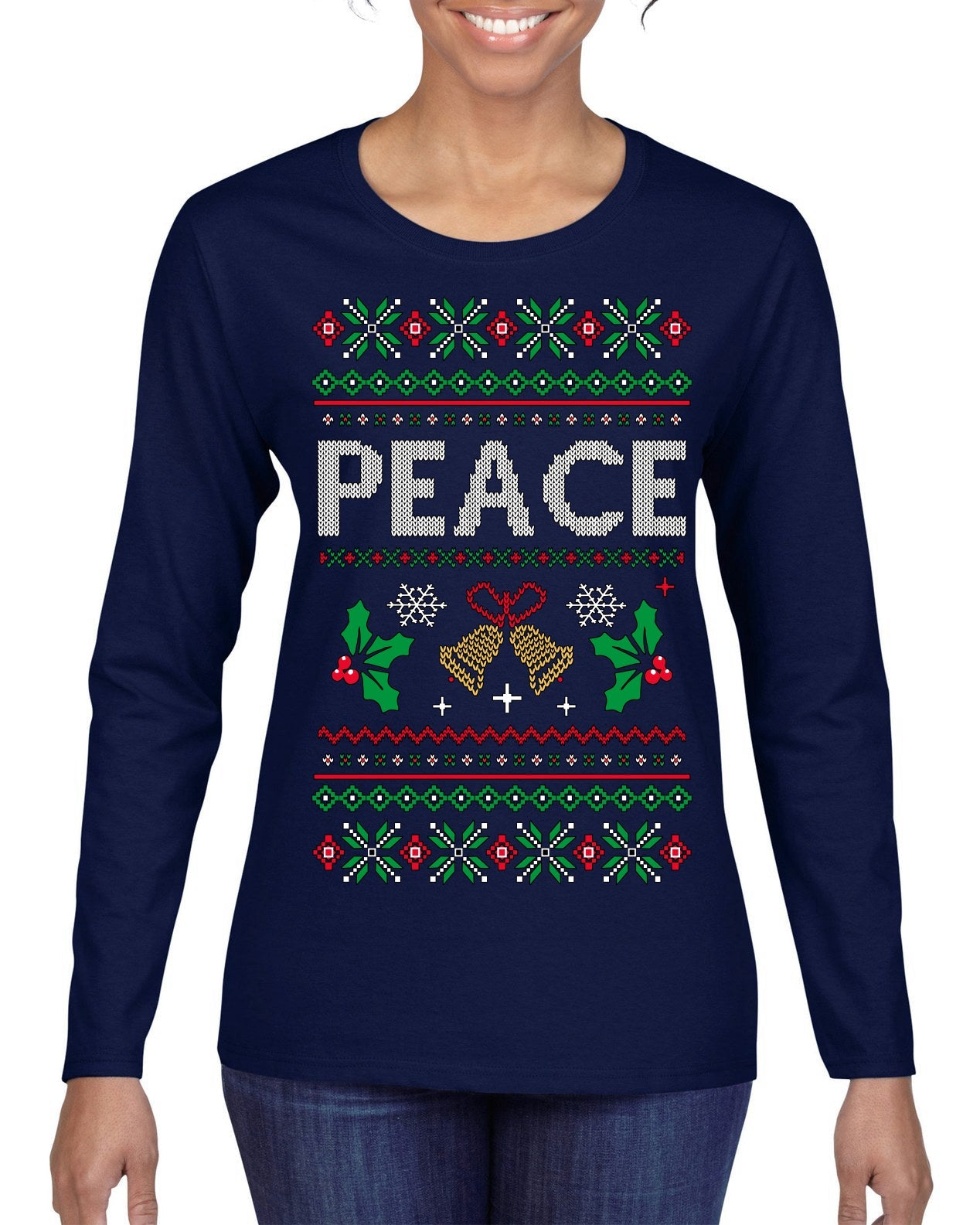 Peace Ugly Christmas Sweater Womens Graphic Long Sleeve T-Shirt