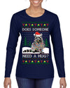 Does Someone Need a Hug? Cute Raccoon Ugly Christmas Sweater Womens Graphic Long Sleeve T-Shirt