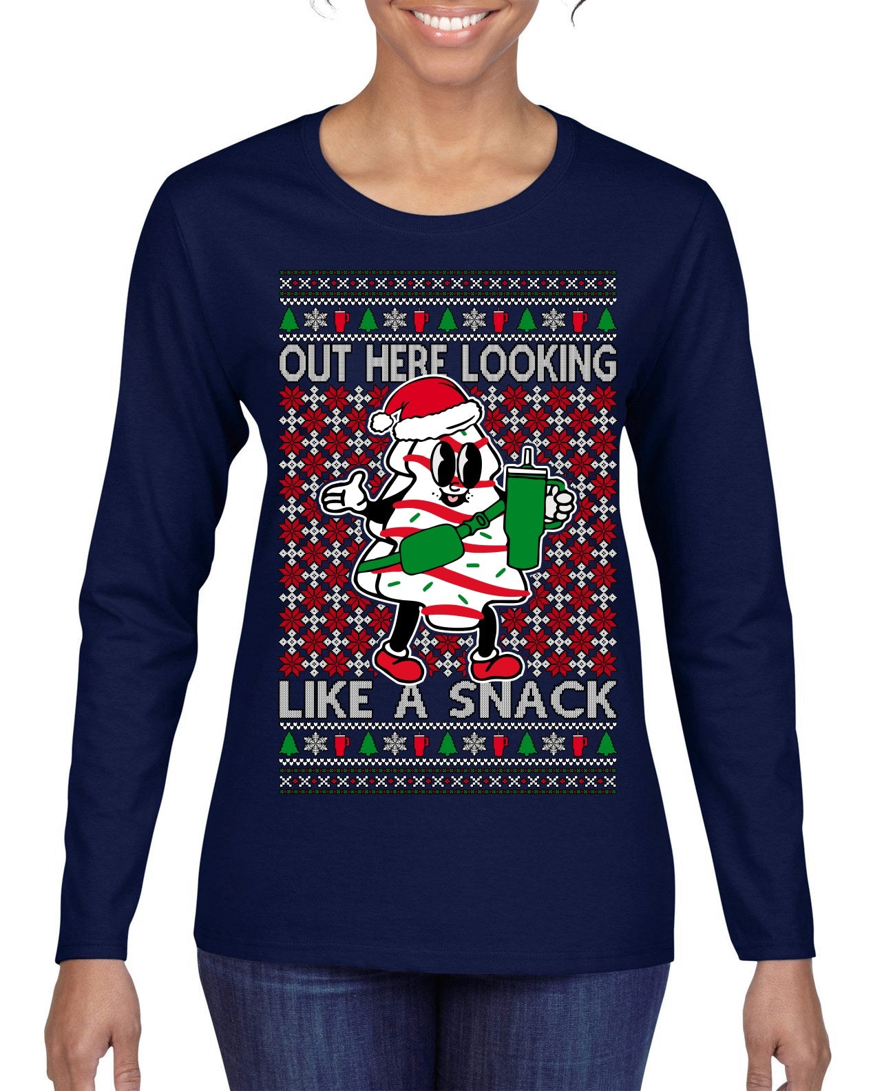 Out Here Looking Like a Snack Funny Cute Christmas Cookie Ugly Christmas Sweater Womens Graphic Long Sleeve T-Shirt