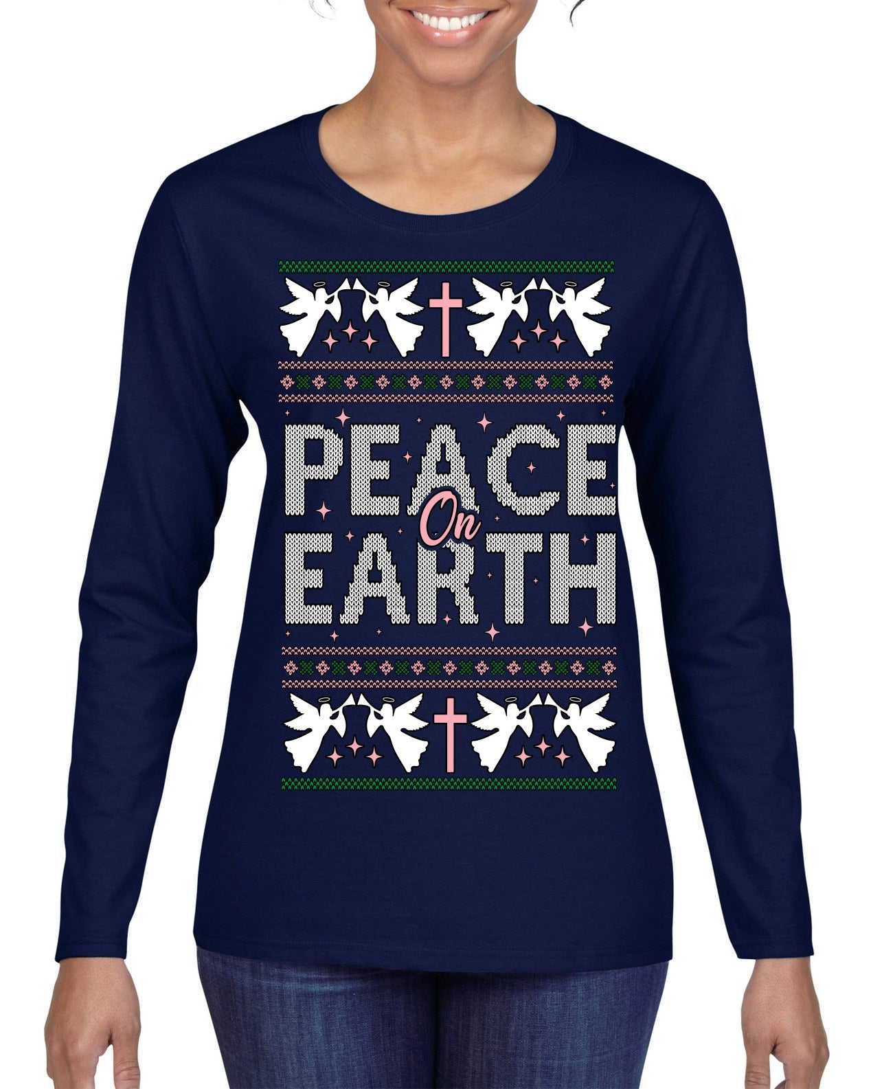 Peace On Earth Funny Xmas Cute Pink Angel Cross Ugly Christmas Sweater Womens Graphic Long Sleeve T-Shirt