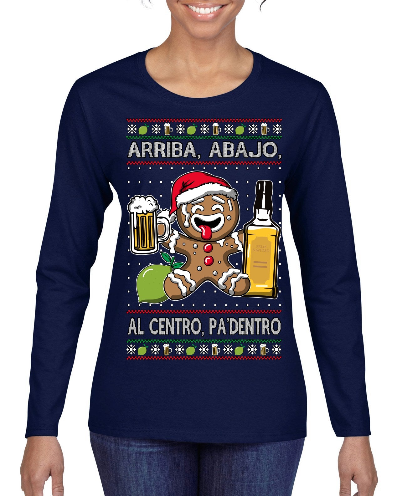 Arriba Abajo Al Centro Pa'Dentro Cheers to Health Salud Ugly Christmas Sweater Womens Graphic Long Sleeve T-Shirt