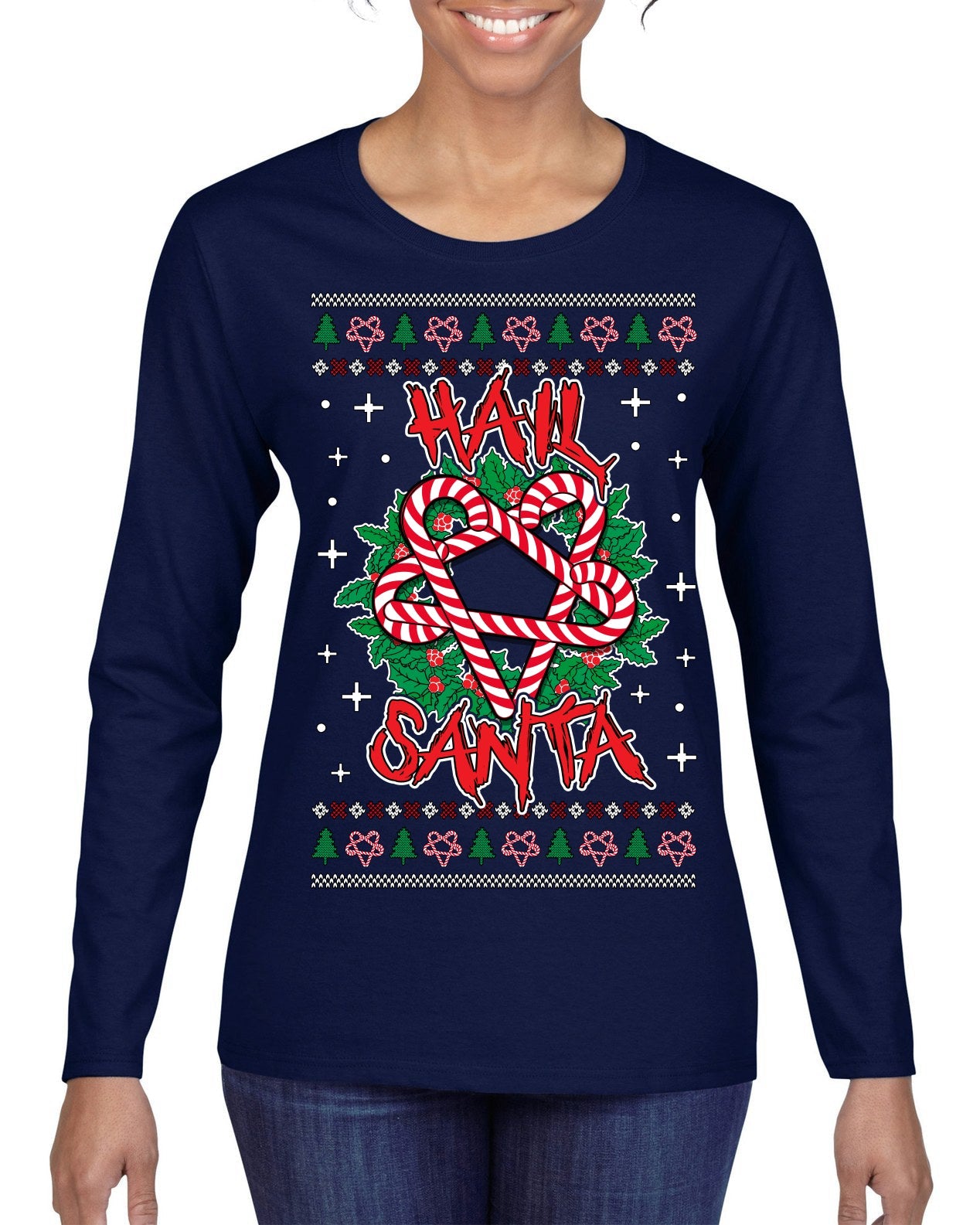 Hail Santa Funny Satanic Candy Devil Heavy Metal Satan Ugly Christmas Sweater Womens Graphic Long Sleeve T-Shirt