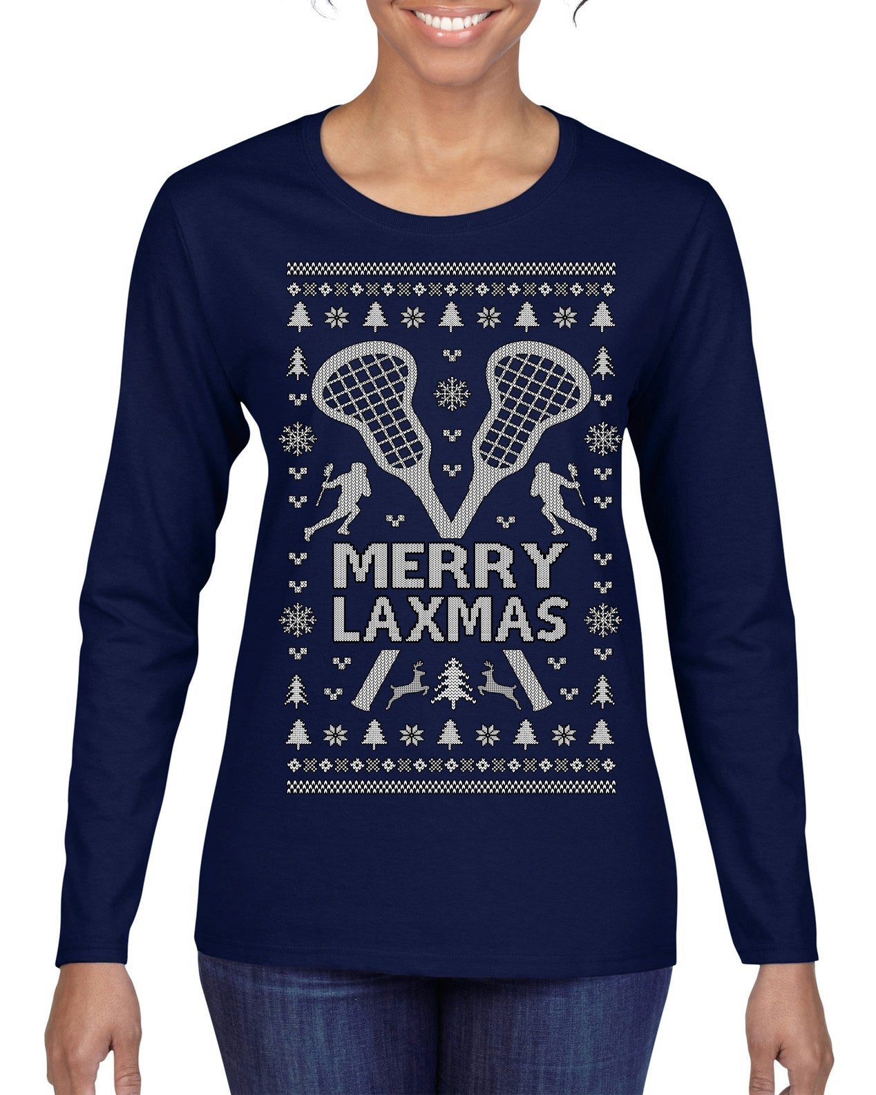 Merry Laxmas Funny Lacrosse Sports LAX Teen Sports Pun Ugly Christmas Sweater Womens Graphic Long Sleeve T-Shirt