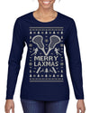 Merry Laxmas Funny Lacrosse Sports LAX Teen Sports Pun Ugly Christmas Sweater Womens Graphic Long Sleeve T-Shirt