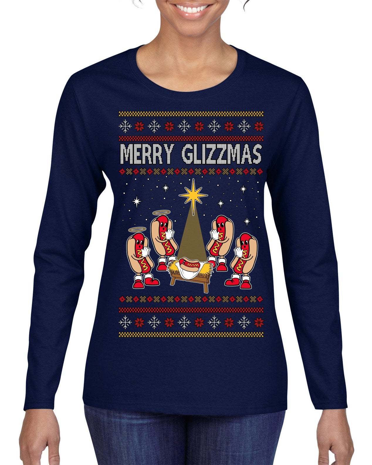 Merry Glizzmas, Funny Glizzy Hot Dog Baby Jesus Catholic Nativity, Fast Food Mustard Condiment Glizzys Humor Ugly Christmas Sweater Womens Graphic Long Sleeve T-Shirt
