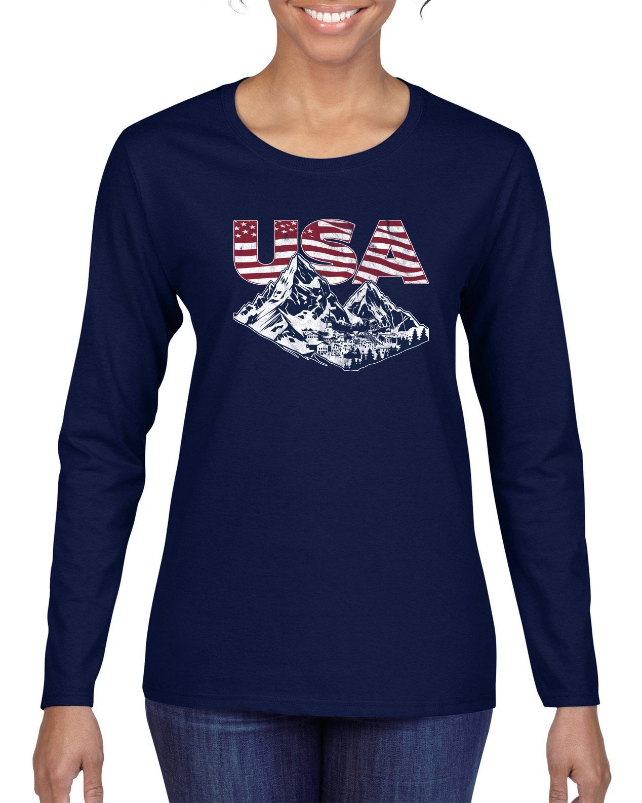 USA Winter Team Sports Fan Collection | USA Flag Mountainscape Sweater, Womens Graphic Long Sleeve T-Shirt