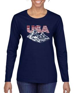 USA Winter Team Sports Fan Collection | USA Flag Mountainscape Sweater, Womens Graphic Long Sleeve T-Shirt