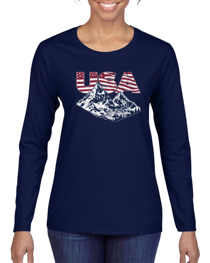 USA Winter Team Sports Fan Collection | USA Flag Mountainscape Sweater, Womens Graphic Long Sleeve T-Shirt