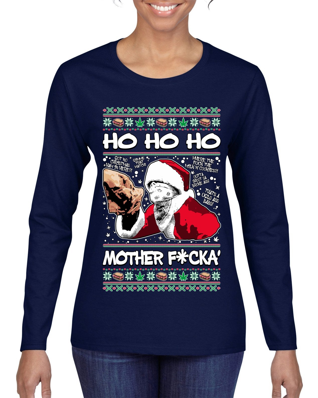 Friday Hood Santa  Ugly Christmas Sweater Womens Graphic Long Sleeve T-Shirt