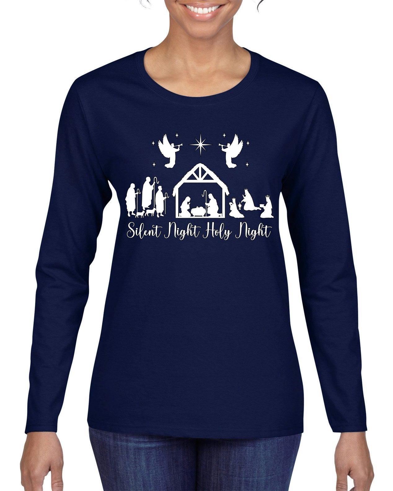 Silent Night Holy Night Religious Jesus Christmas Womens Graphic Long Sleeve T-Shirt