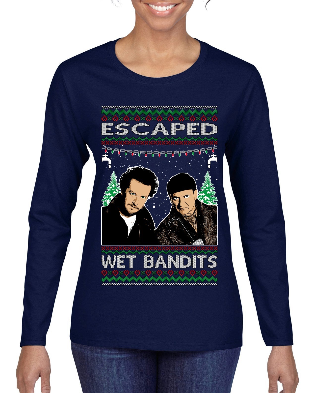 Escaped Bandits Classic Home Holiday Movie Ugly Christmas Sweater Womens Graphic Long Sleeve T-Shirt