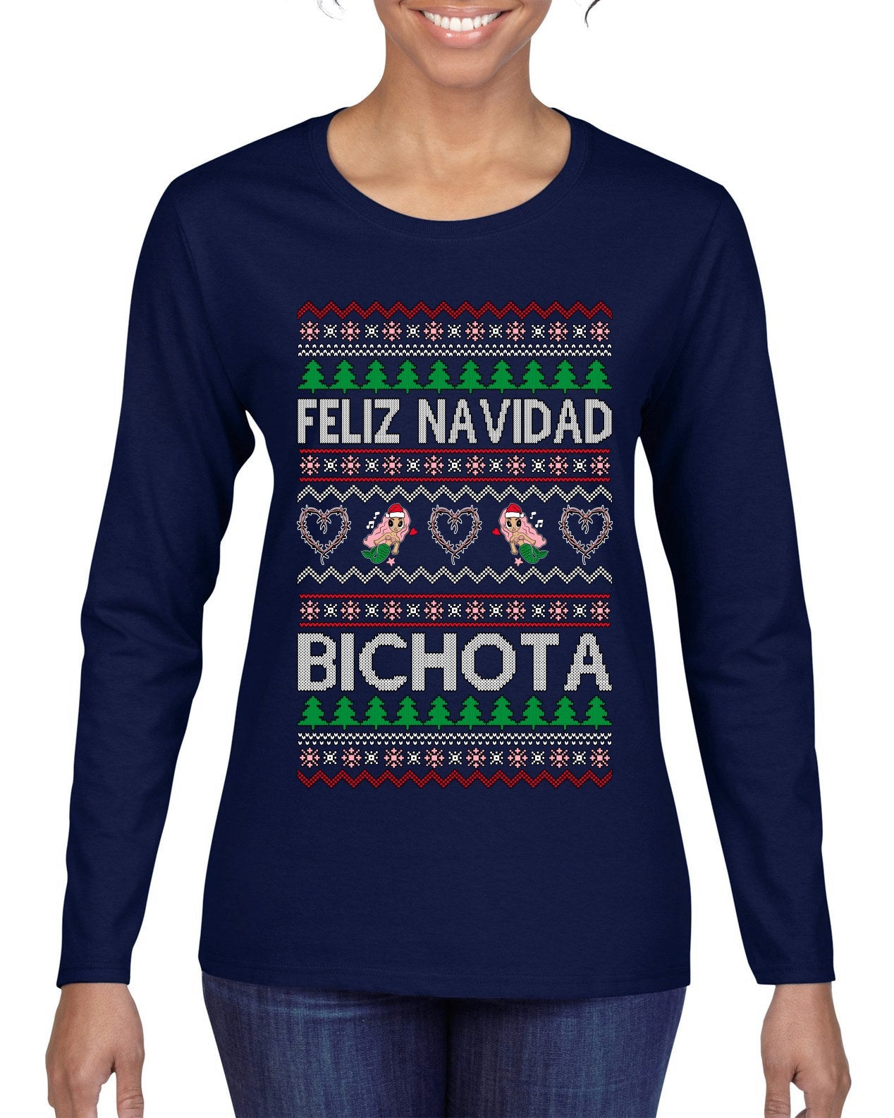 Feliz Navidad Bichota Ugly Christmas Sweater Womens Graphic Long Sleeve T-Shirt