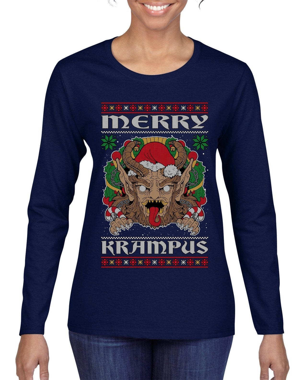 Merry Krampus Santa Folklore Figure Horror Ugly Christmas Sweater Womens Graphic Long Sleeve T-Shirt