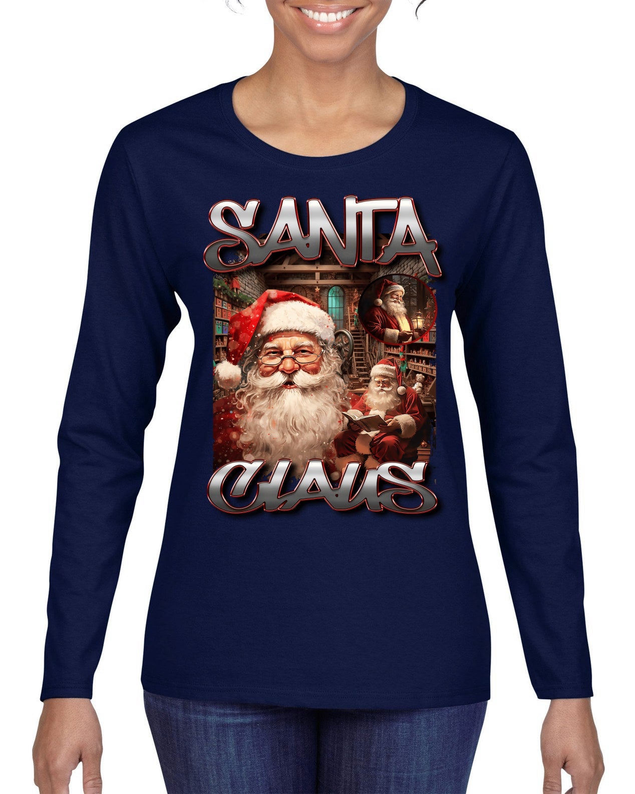Santa Claus Bootleg Rap Music Style Ugly Christmas Sweater Womens Graphic Long Sleeve T-Shirt