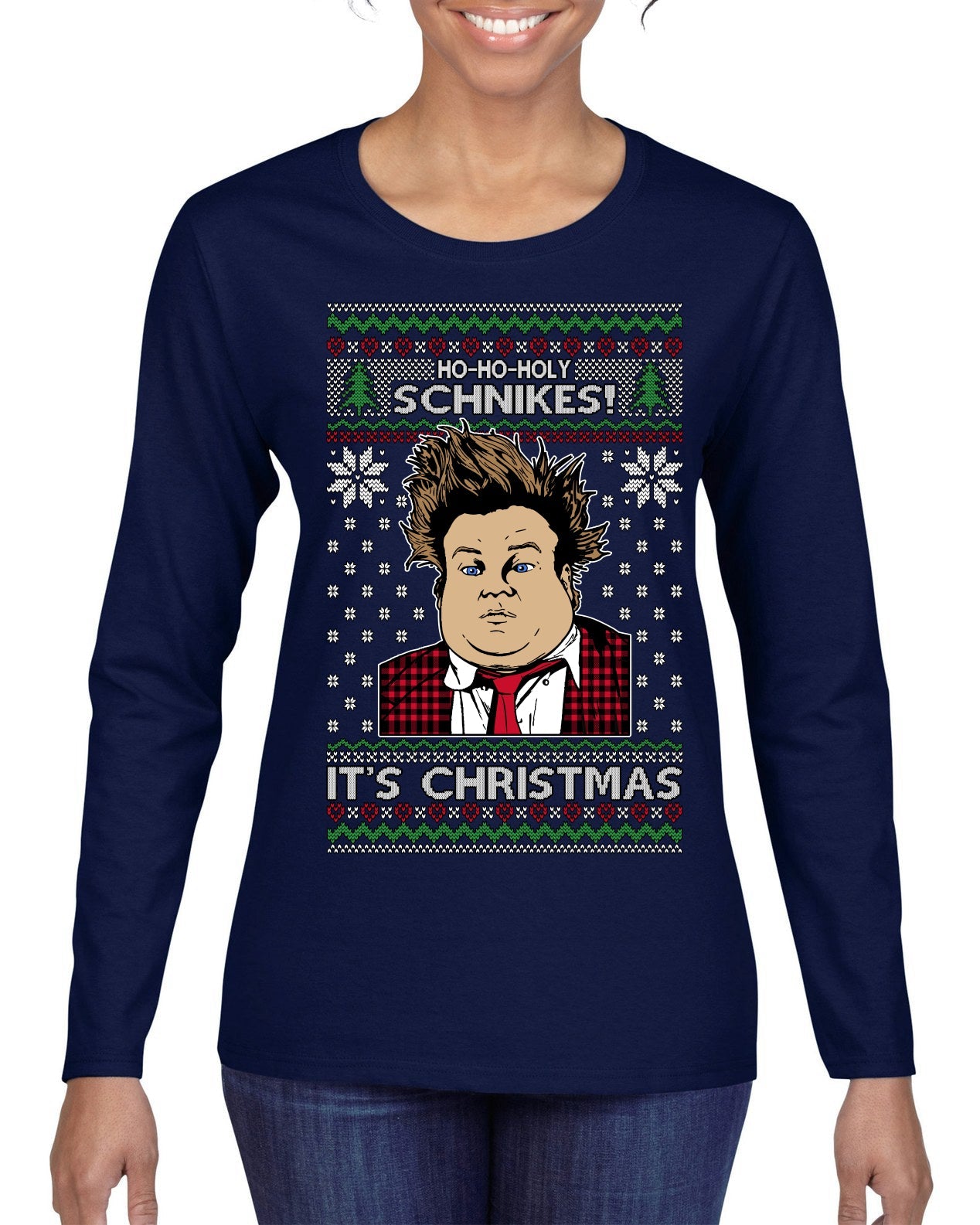 Ho Ho Holy Schnikes Funny 90s Classic Tommy Boy Movie Ugly Christmas Sweater Womens Graphic Long Sleeve T-Shirt