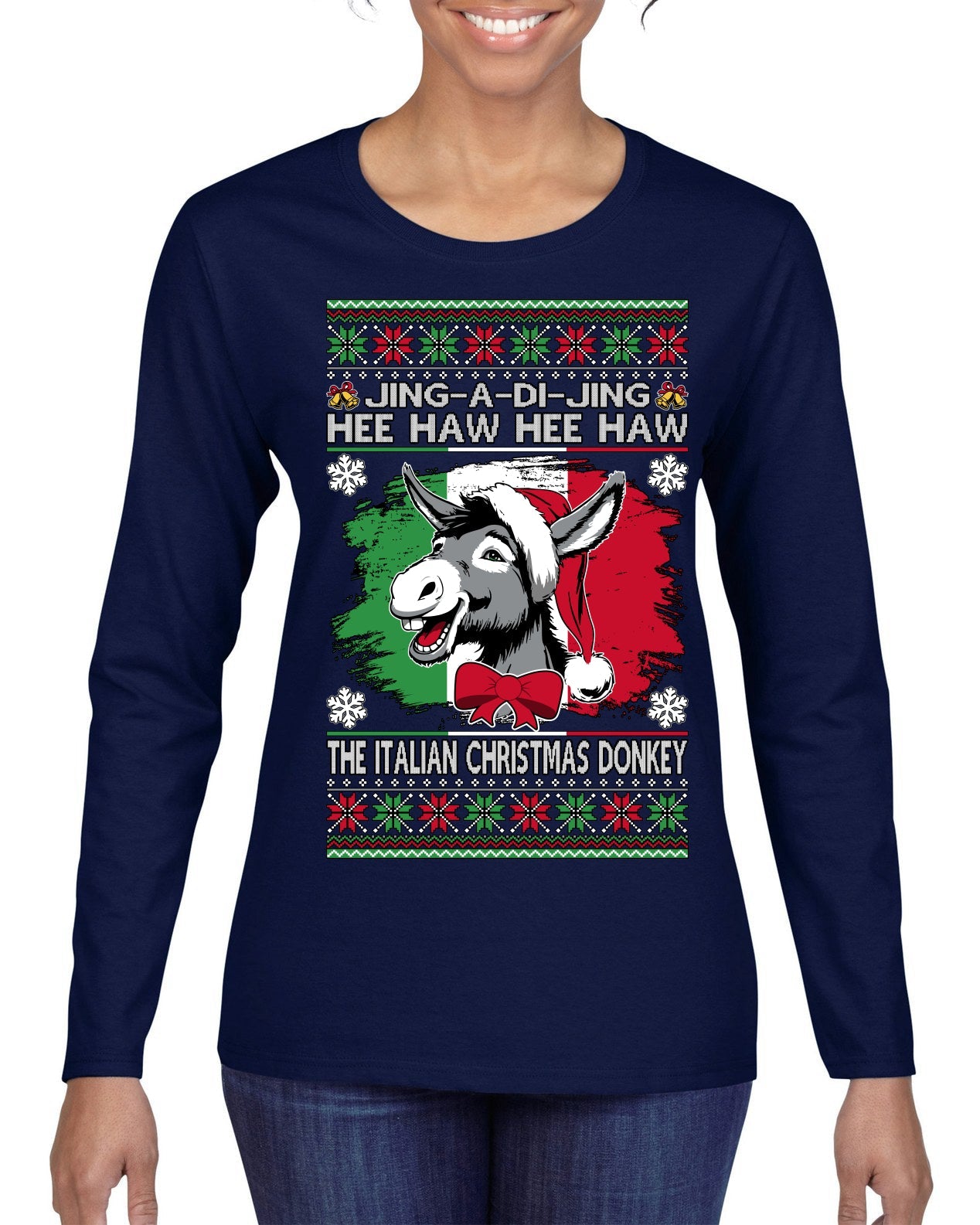Jing a Di Jing Dominick the Italian Christmas Donkey Ugly Christmas Sweater Womens Graphic Long Sleeve T-Shirt