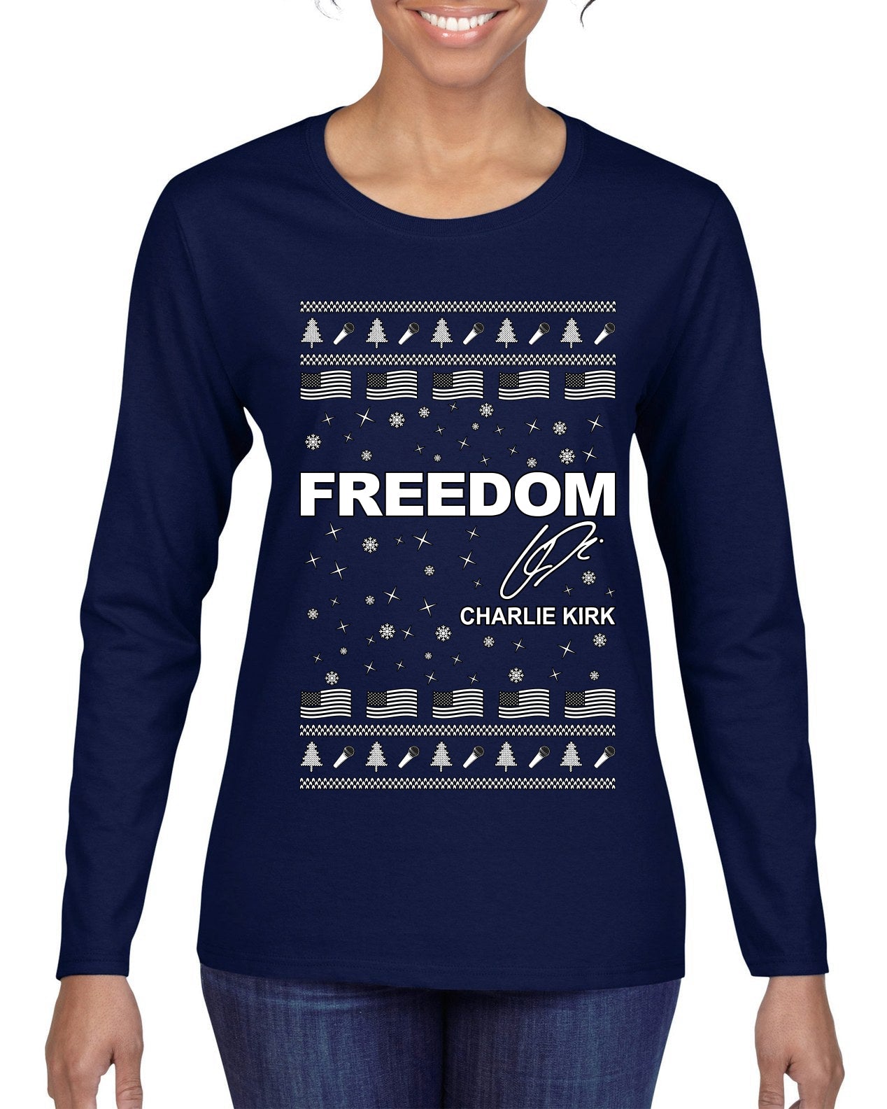Freedom, Charlie Kirk Political Activist, Right Wing, Ugly Christmas Sweater Womens Graphic Long Sleeve T-Shirt