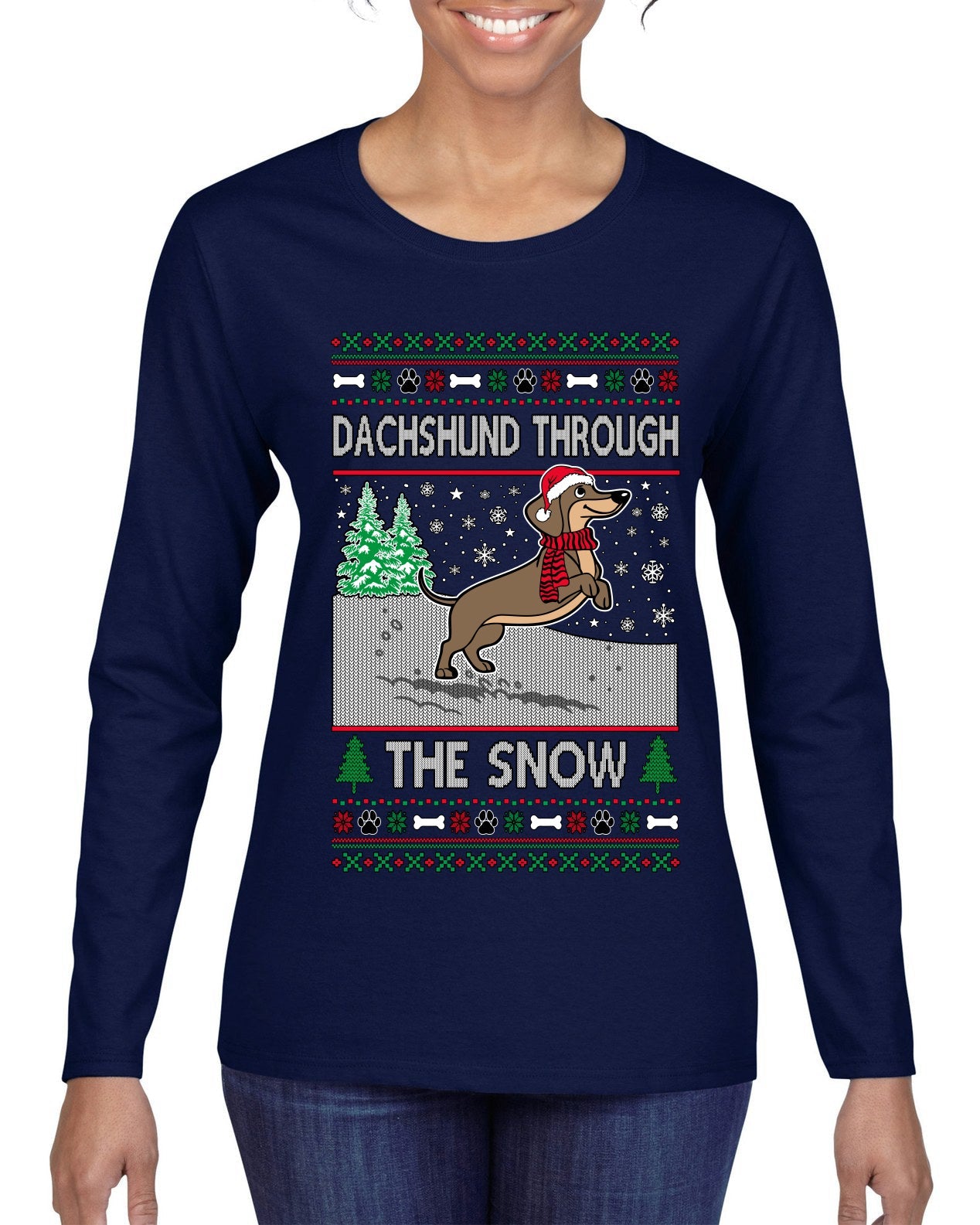 Dachshund Through The Snow, Cute Dog Christmas Sweater, Ugly Christmas Sweater Womens Graphic Long Sleeve T-Shirt