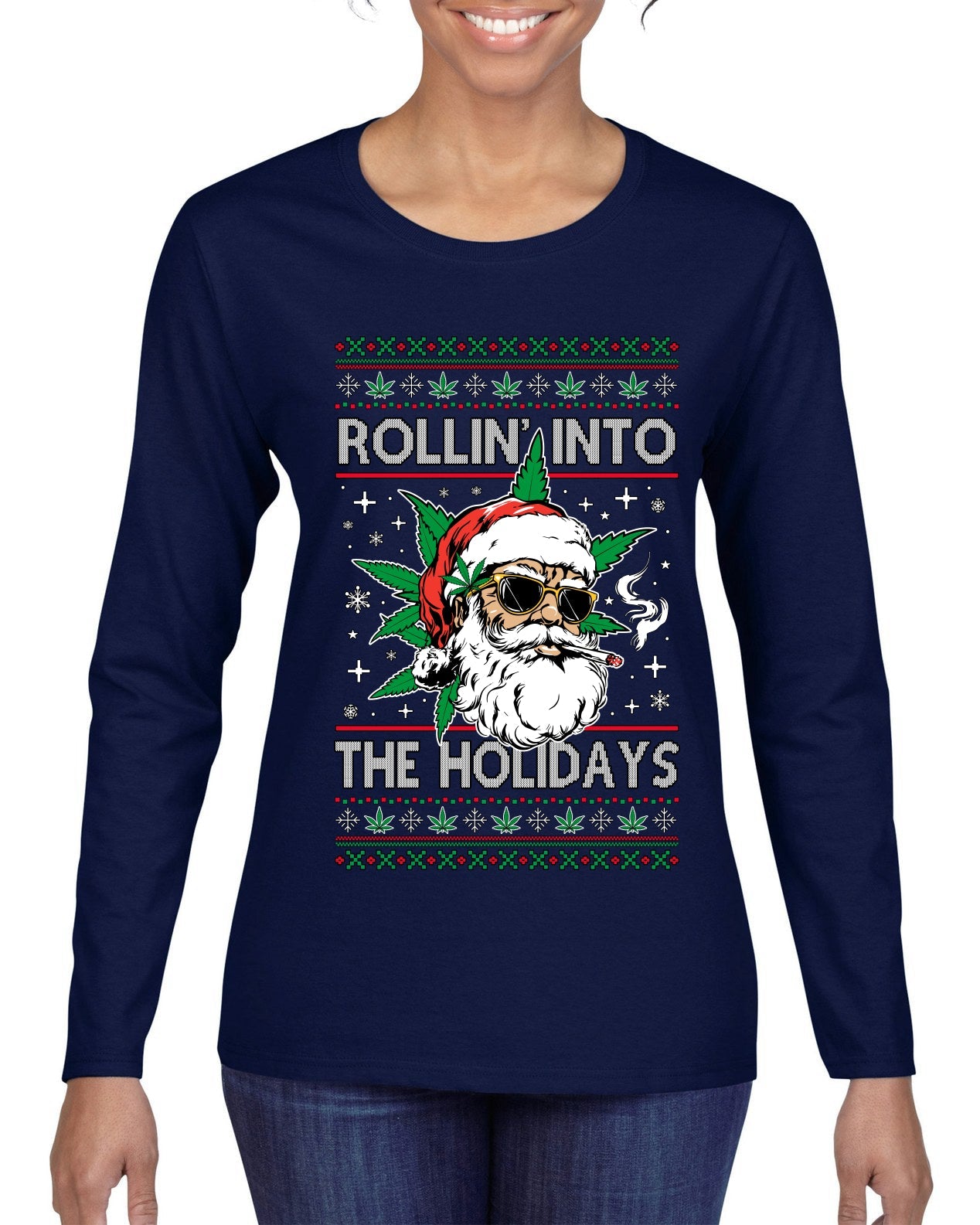 Rollin' Into The Holidays Christmas Sweater, Ugly Christmas Sweater Womens Graphic Long Sleeve T-Shirt