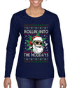 Rollin' Into The Holidays Christmas Sweater, Ugly Christmas Sweater Womens Graphic Long Sleeve T-Shirt