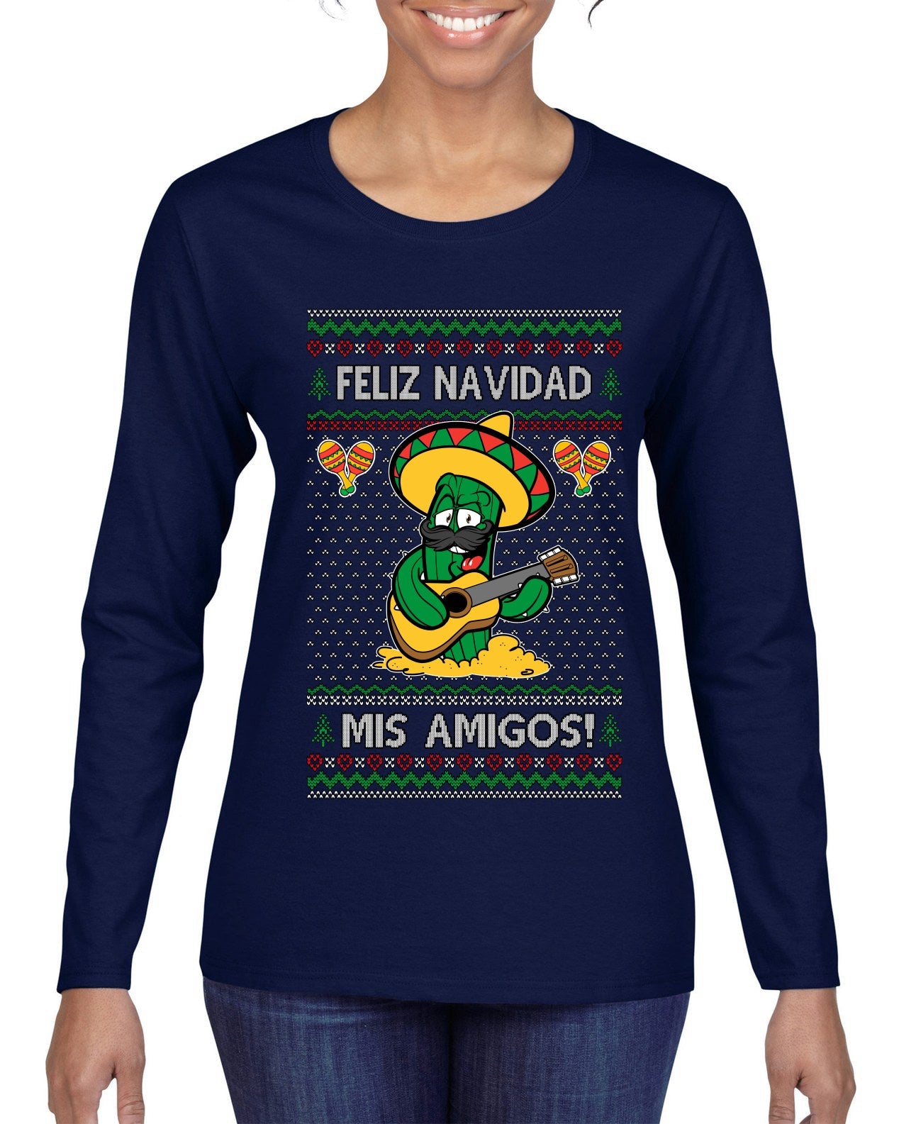 Feliz Navidad Mis Amigos!, Ugly Christmas Sweater Womens Graphic Long Sleeve T-Shirt