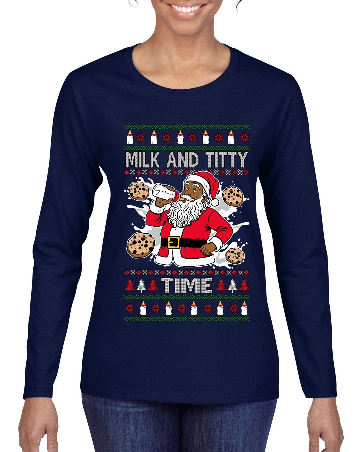 Milk And Titty Time Christmas Sweater, Ugly Christmas Sweater Womens Graphic Long Sleeve T-Shirt