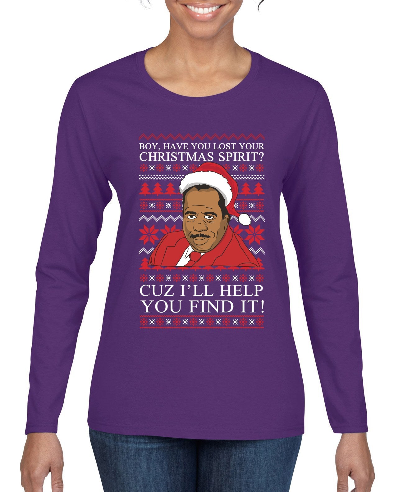 Christmas Spirit I'll Help You Find It Stanley Hudson Ugly Christmas Sweater Womens Graphic Long Sleeve T-Shirt