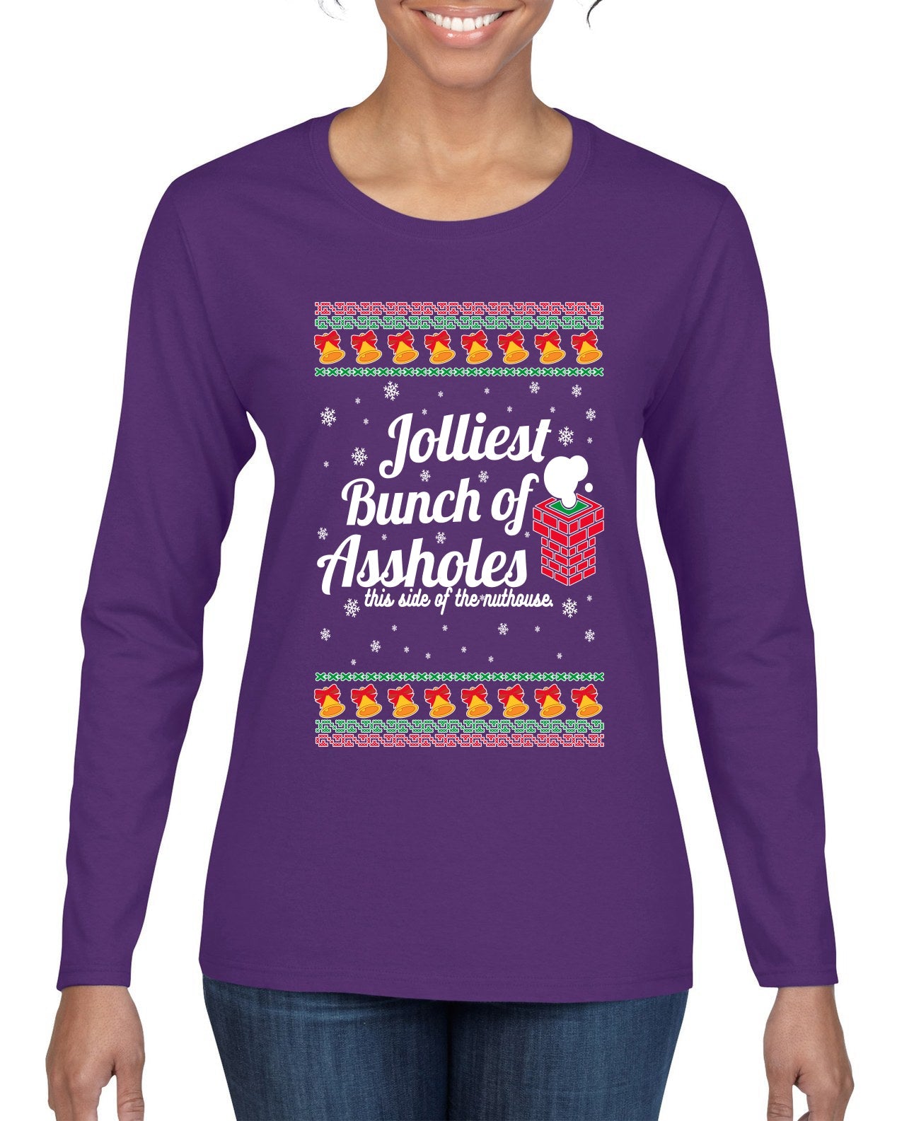 Jolliest Bunch of Assholes Xmas Movie Ugly Christmas Sweater Womens Graphic Long Sleeve T-Shirt