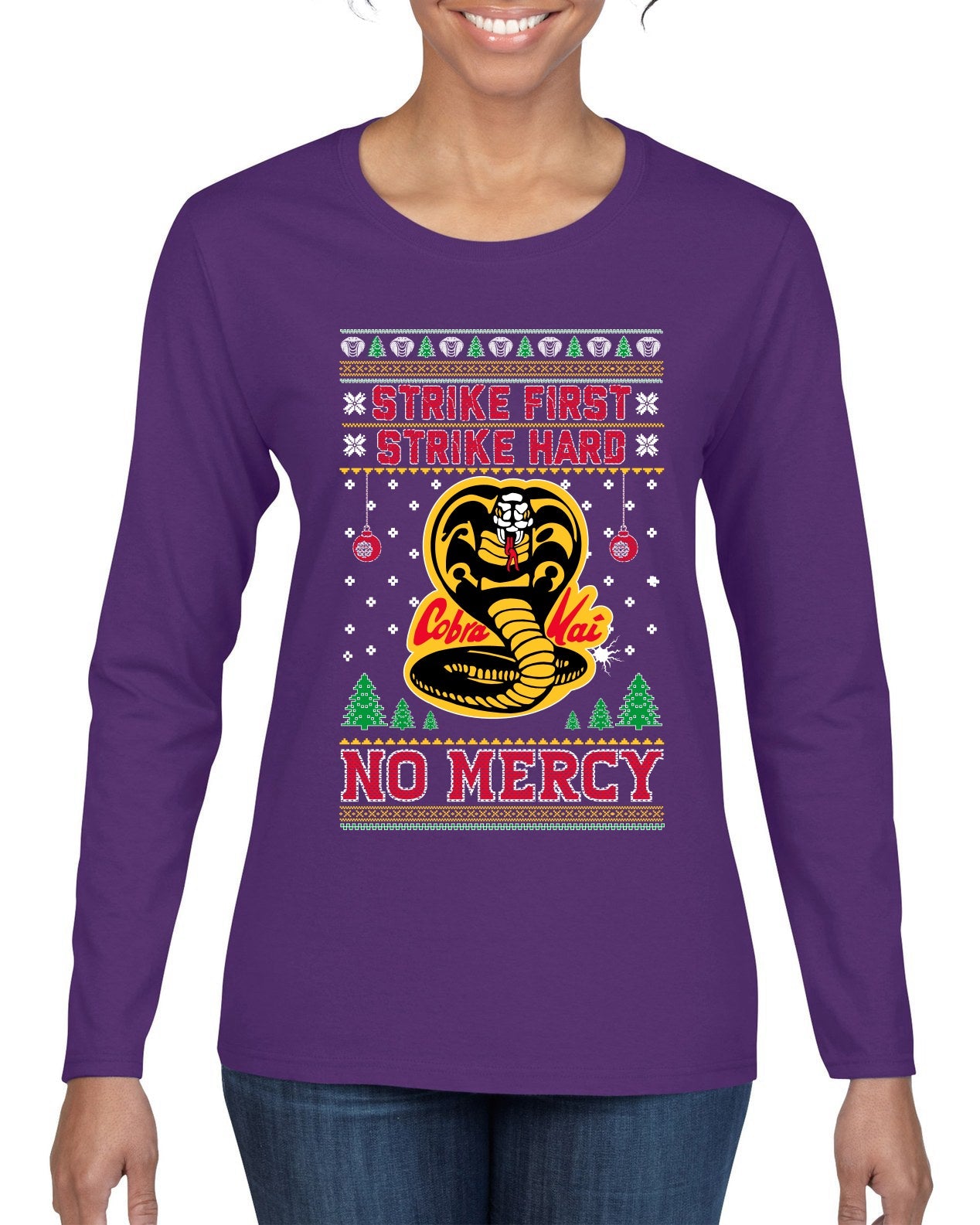 Strike First Strike Hard No Mercy Xmas Ugly Christmas Sweater Womens Graphic Long Sleeve T-Shirt