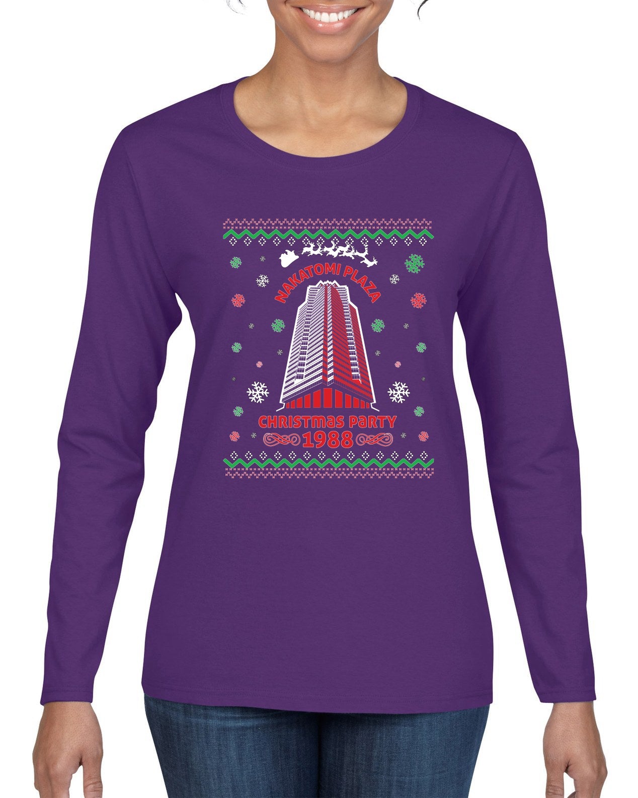 Nakatomi Plaza Christmas Party 1988 Ugly Christmas Sweater Womens Graphic Long Sleeve T-Shirt