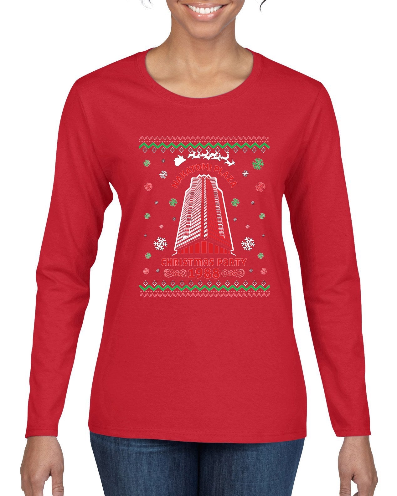 Nakatomi Plaza Christmas Party 1988 Ugly Christmas Sweater Womens Graphic Long Sleeve T-Shirt